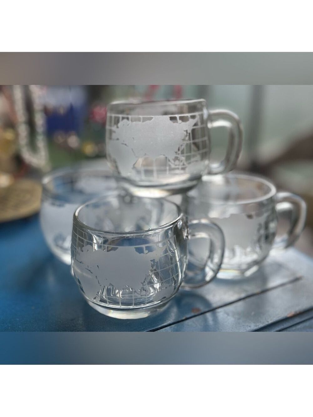 Vintage Nescafé Thick Etched Glass World Map Set of 5 Globe Mugs | 1970s Retro 🌎 - Picture 4 of 14